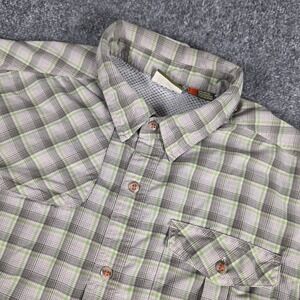 Howler Bros Tech Button‎ Down Shirt Mens L Green Grey Plaid Short Sleeve FLAWS